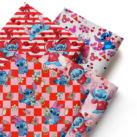 Pre-cut 57x19.68inch [Stitch Anime Heart Love Valentine's Day Fabric] Colorful Polyester Stitch Anim