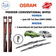 OSRAM Premier Conventional U Hook Wiper Set Honda Jazz GD 1st Gen (01-08)/ Mazda 2 Hatchback DE 2nd 