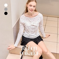 (3 Colors 5 Sizes) RIBBON POLKADOT TOP Off-Shoulder Long-Sleeved Polka Dot Shirt Model T104-Mesave