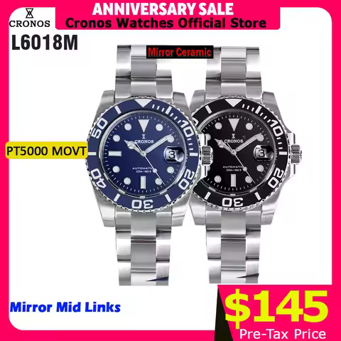 Cronos Sub Diver Men Watch Stainless Steel PT5000 Bracelet Ceramic Bezel 200 meters Water Resistant 