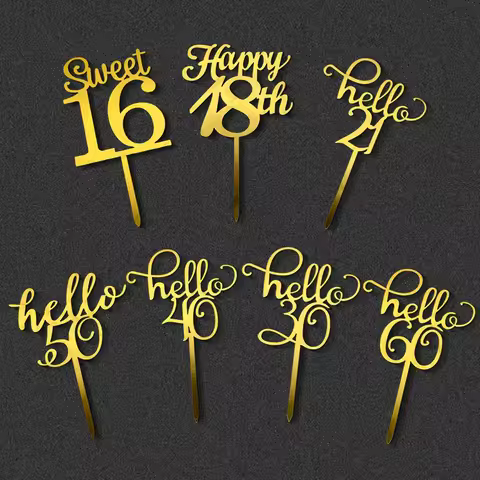 5pcs hello 30 40 50 60 cake Topper Gold Sweet 16 Happy 18th cake Topper for Birthday party cake deco