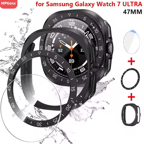 3 in1 for Samsung Galaxy Watch 7 Ultra 47mm Tempered Glass Screen Protector Hard PC Case Bezel Ring 