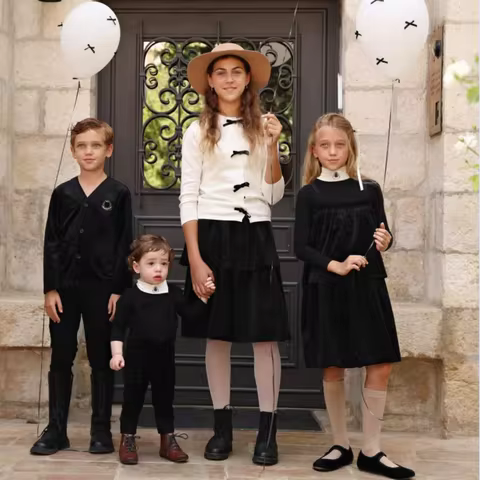 2025 Mail's AW High End Outfits Brother Sister Family Matching Clothes Black Velvet Dresses Blazers 