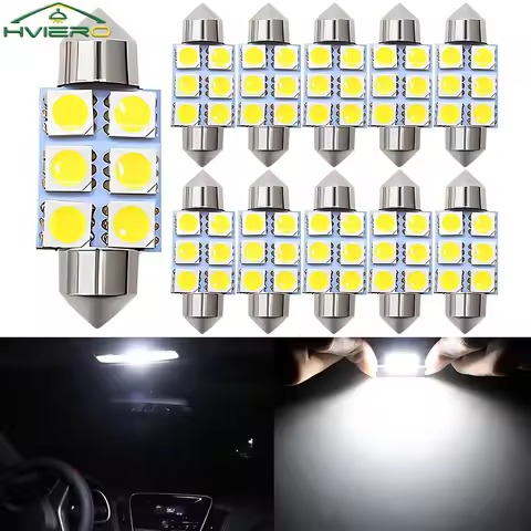 10PCS 5050 6Led DC 12v White Led 31mm 36mm 39mm 41mm C5w C10w Interior Festoon Dome Luggage Lamp Rea
