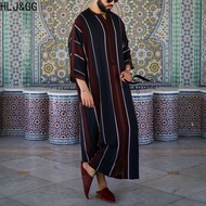 HLJ & GG Muslim Jubba pakaian Thobe lelaki Hoodie Ramadan jubah lelaki kasual longgar Stripe jubah A