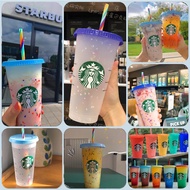 Starbucks cup tumbler discoloration/confetti/reusable/plastic tumbler cold cup with lid and straw/seven-color rainbow cup