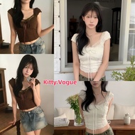 Kitty.Vogue Women's Short-Sleeved Square Neck Lace Shirt With Bow Tie Plain Color Short Fit Korean S