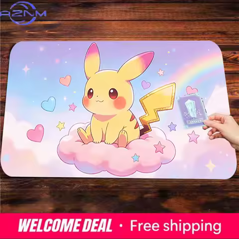 Cute Pikachu on Pink Cloud Rainbow & Heart Print Gaming Desk Mat Non-Slip Washable Mouse Pad