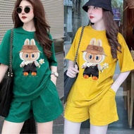 Women's summer home wear Set, loose-fitting cotton clothes with bear holding flowers printed 2 piece