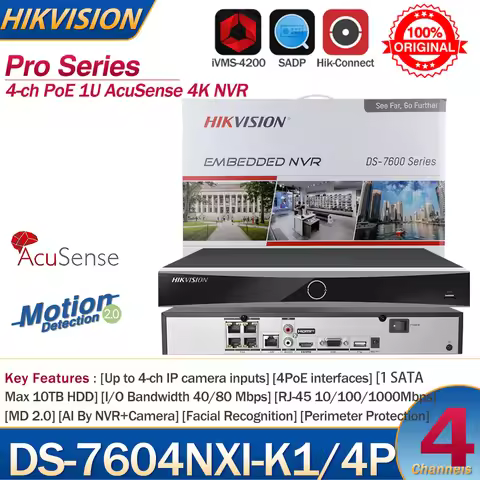 Hikvision NVR 4-ch PoE 1U AcuSense 4K NVR DS-7604NXI-K1/4P 4-ch Camera inputs Network Video Recorder