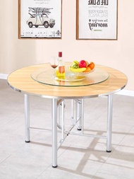 Large Round Tabletop with Glass Turntable, Foldable Table Frame, Dining Table for Cafeteria, Country