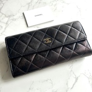 稀有中古Chanel黑金色魚子醬皮革長夾 皮夾 錢包 中夾 二手古董包