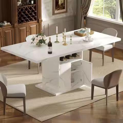 Expandable Marble-Top Dining Table for 4-6, 47-63 Inches with Storage