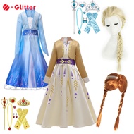 Dress For Kids Girl Frozen Princess Anna Snow Queen Elsa 2 Cosplay Costume with Belt Long Wig Crown Wand Accessories Kid Girls Dresses Birthday Gift Children Clothes