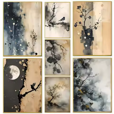 Japanese Sumi-e Ink Painting Canvas Print Abstract Floral Tree & Mystical Forest Pathway in Zen Mode