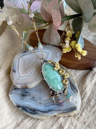 異極礦 玻璃米珠x天然石 串珠吊墜 配寶石鏈