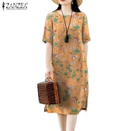 ZANZEA Women Vintage Round Neck Causal Short Sleeve Print Dress