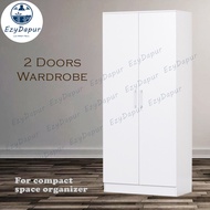 EZYD Simple Modern 2 Doors Wooden Wardrobe with Hanging Rod and Compartment Almari Baju / Almari Pakaian