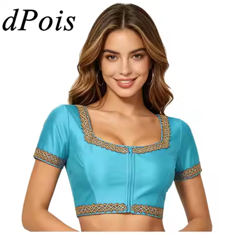 Women Belly Dance Crop Top Square-neck Short Sleeve Indian Dance Costume Ethnic Lace-up Gold Trim To