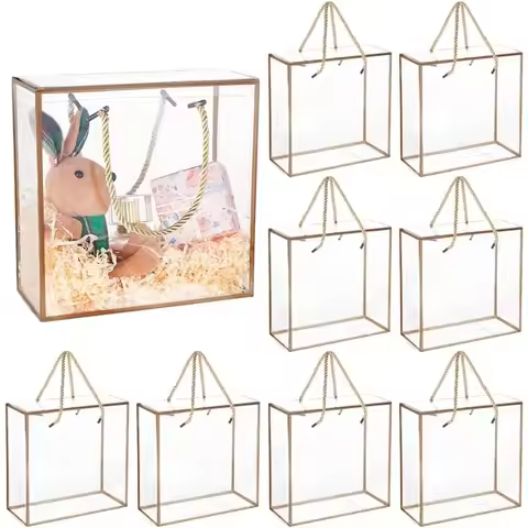 10 Packs Clear PP Plastic Gift Box 7.8x7.8x3.5 Inch Treat Gift Boxes with Gold Border and Handle Fav