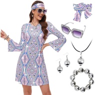70s Women Disco Dress Hippie Costumes Necklace Earrings Glasses, 60's 70's Birthday Outfits, 1970s P