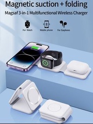 摺疊式 MagSafe Charger 15W 快速無 線充電適用于IPhone AirPods Iwatch 三合一無線充电器 充電座  3-in- 1 magnetic wireless char