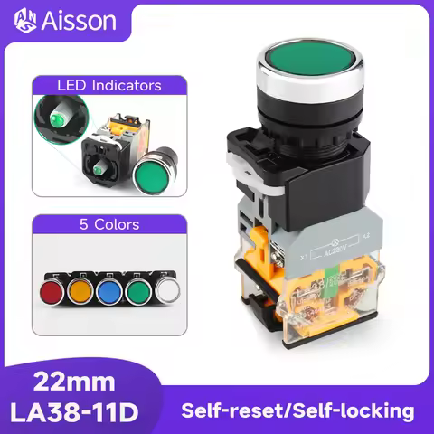 LA38-11D with Light Push Button Switch NO NC Momentary Latching DC 12V 24V AC 220V 380V LED Indicato