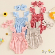 B930G-Baby Girl 2Pcs Summer Outfits Fly Sleeve Plaid Print Smocked Romper with Headband Set Newborn 