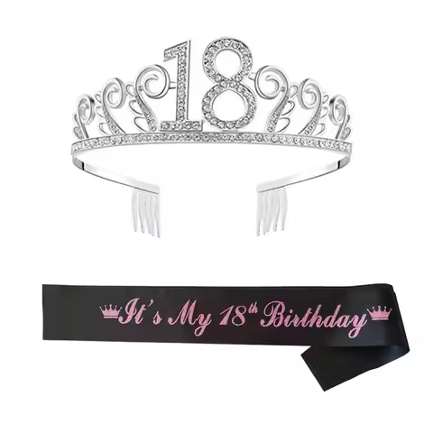 18th Birthday Crown Queen Sash Sparkly Metal Headdress Pink Satin Sash Decorations 60th Birthday Cak
