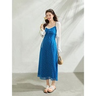 Large Size Fat mm Blue Floral Sling Dress Women Summer Slim-fit Slimmer Look Classy Long Skirt Sunsc
