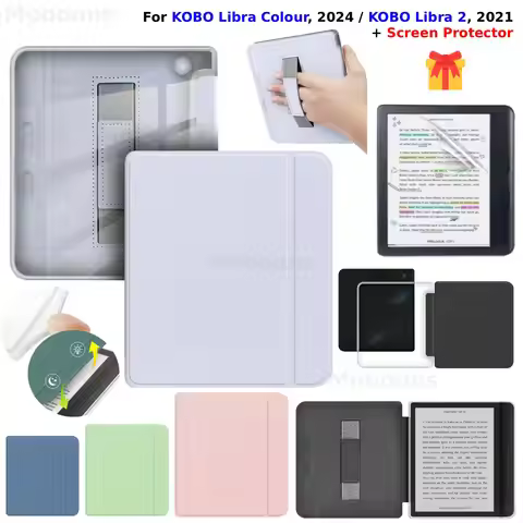 For KOBO Libra 2/Libra Colour Case with Hand Strap + Screen Protector Acrylic PU Leather Ergonomic E