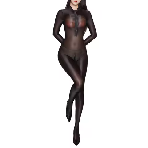 Women Oil Glossy Tights Bodystocking Sheer See-Through Full Body Stocking Ultra Thin Zipper Crotch B