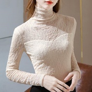 New High Collar Lace Bottom Shirt Women Korean Version Slim Inner Layering Long Sleeved T Shirt Tops