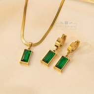 G4U❤N49 Gold-Plated Anti Tarnish Green Geometric Pendant  Green Geometric Earrings  Jewelry Set