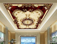 Wallpaper 3D Custom Plafon Latar Merah Batik Emas Klasik 21Plf-007