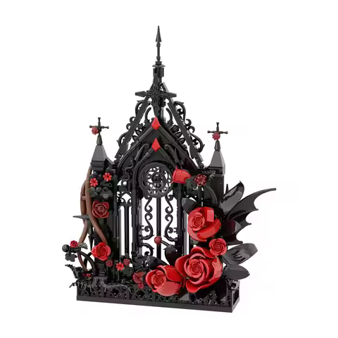 Gothic Windows Building Blocks Kit Black Pointed Arch Windows Rose Bouquet Creative Home Decor Brick