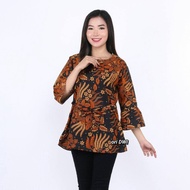 Baju Batik Atasan Wanita Blouse Lengan Panjang - Mgar coklat, XL
