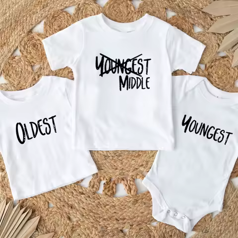 Siblings Matching T-Shirts Newborn Cotton Bodysuits Oldest Youngest Letters Shirt Summer Short Sleev
