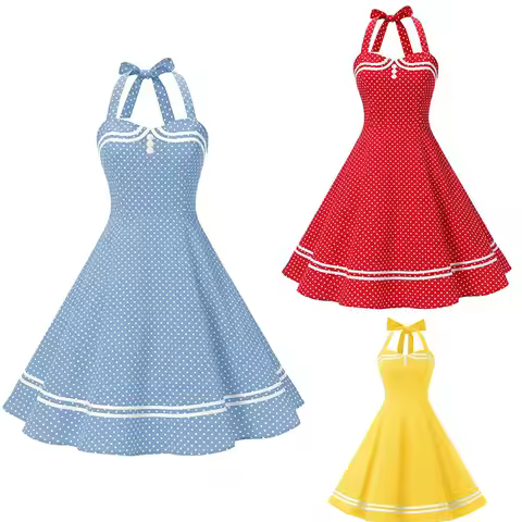Women Vintage Halterneck Dress Retro Rockabilly Polka Dot Cocktail Party 1950s 40S Swing Dress Summe