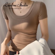 (M-4XL) Lareine Áo Thun Nữ Tay Ngắn mùa hè Áo Thun Cổ Chữ U bó sát cổ thấp Áo Thun cơ bản hàng đầu c
