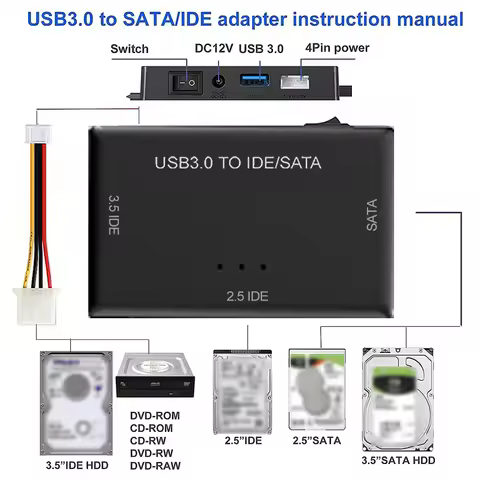 USB 3.0 to SATA IDE Hard Disk Adapter Converter Cable for 3.5 2.5 inch HDD/SSD CD DVD ROM CD-RW 3 in