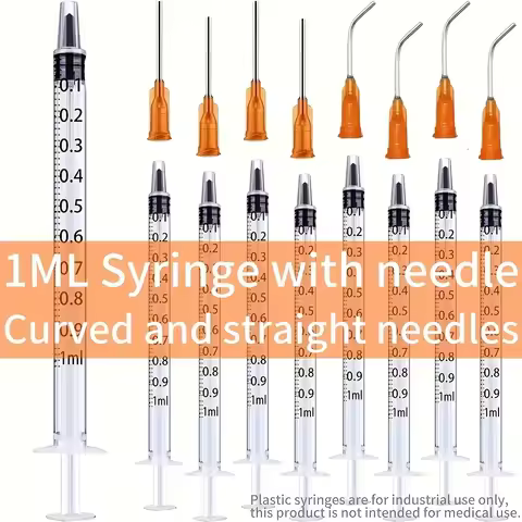 4-Piece 1ml Syringe Set with Curved and Straight Needles, Used for Liquid Measurement in Scientific 
