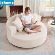 IKHOME Round Beige Fabric Double Seater Sofa, Cozy Curved Lounge Couch with Two Matching Throw Pillo