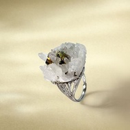 白水晶共生黃銅礦 活口戒指 隨形原石標本 晶簇手工指環 S925銀