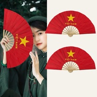 Red Flag Fan with Yellow Star Wooden Handle 29cm - Beautiful Thick Silk Fabric Fan for Performances 