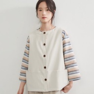 細褶織法寬鬆背心多口袋撞色鈕釦背心