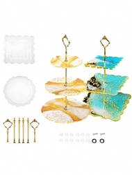 3層蛋糕架樹脂盤模具,帶皇冠托架的環氧樹脂鑄模,diy矽膠模具製作杯子蛋糕點心盤子服務架（圓形+方形）