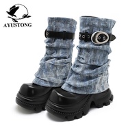 Thick-Soled Leather Platform Shoes for Women - Y2K Style with Detachable Sleeve