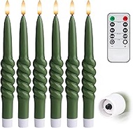 WYZworks 10" Smooth Taper with Twist Flameless LED Taper Candles - Loden Green, Set of 6 - Remote, 2