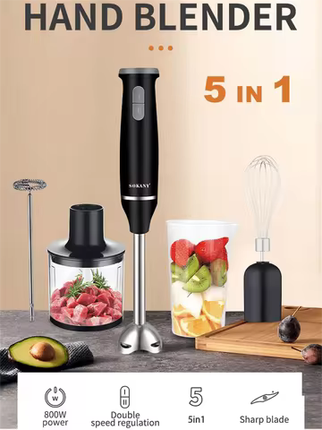 SOKANY 1714 Immersion Hand Blender, 2-Speed, 5-in-1, Hand Mixer, Whisk, Meat Chopper, Measuring Cup